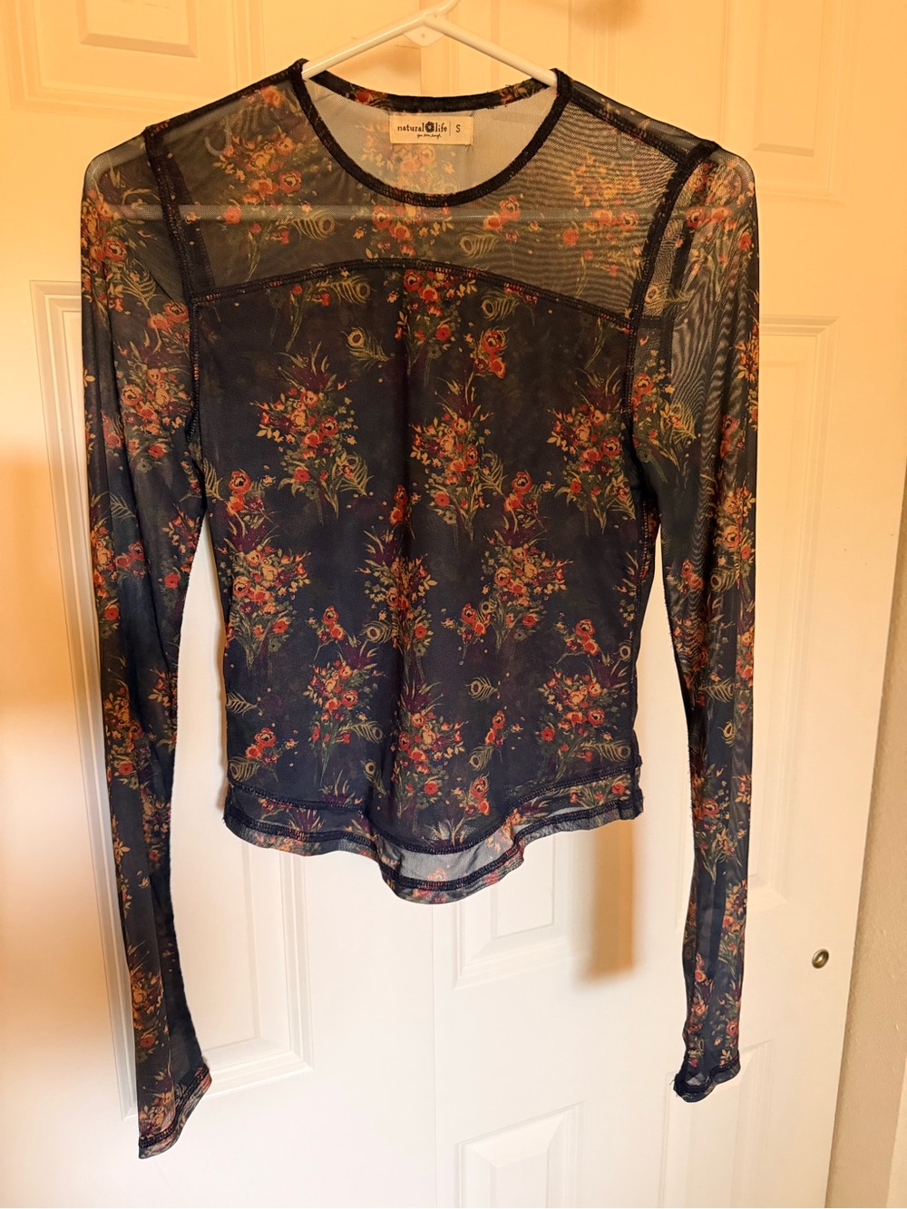 NATURAL LIFE Sheer Navy Floral Mesh Long-Sleeve Top